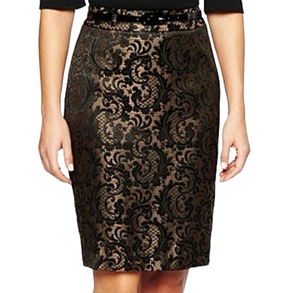 Worthington Pencil Skirt Black and Bronze / Gold Jacquard Damask? Size 18 #1082